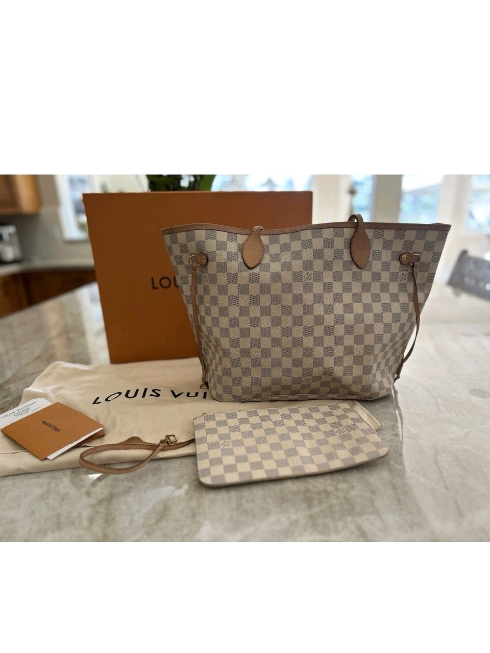 Authentic Louis Vuitton Damier Azur Neverfull MM Tote in Ivory/Beige